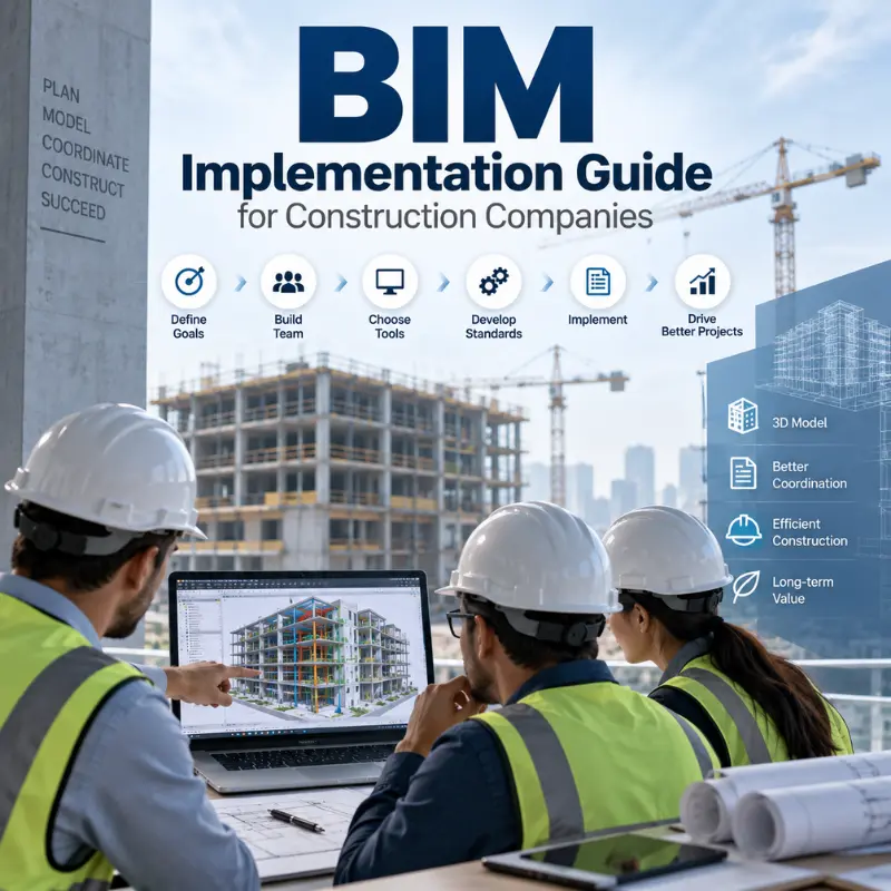 BIM Implementation step-by-step guide for construction companies showing a 3D BIM building model, Revit workflow, coordination, clash detection, and construction planning.